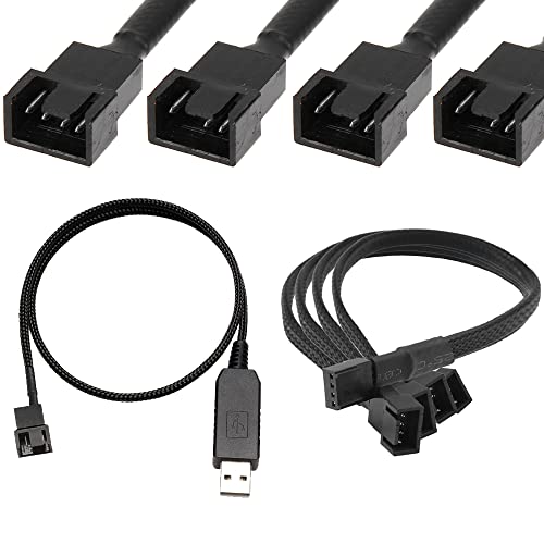 Xiatiaosann Full Speed 12V Step-Up USB Stecker auf 4-Pin Stecker PC-Lüfter Anschlusskabel, mit 4-Pin Buchse PC-Lüfter auf 3x3Pin & 4Pin Stecker Splitter Geflochtenes Netzteilkabel 12 Zoll (55cm) von Xiatiaosann