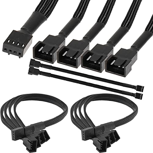 Xiatiaosann 4Pin 3Pin PWM PC Lüfterkabel Splitter Verlängerungskabel 1 bis 4 Konverter Computer-CPU-Lüfter, Verlängerung, geflochtenes Kabel, 27 cm/10,6 Zoll, 2 Stück von Xiatiaosann