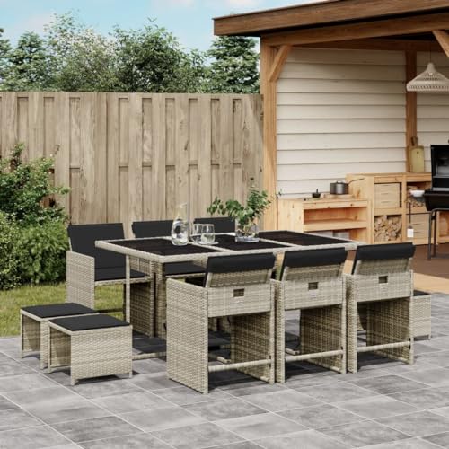 Xichuzi 11-TLG. Garten-Essgruppe mit Kissen Hellgrau Poly Rattan, Esstisch Mit Stühlen Set, Gartenmöbel Sitzgruppe, Balkon Möbel, Gartenlounge Set, Terrassenmöbel, Balkonmöbel Set - 3211151 von Xichuzi
