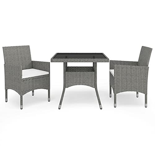 Xichuzi 3-TLG. Garten-Essgruppe Grau Poly Rattan und Glas, Esstisch Mit Stühlen Set, Gartenmöbel Sitzgruppe, Balkon Möbel, Gartenlounge Set, Terrassenmöbel, Balkonmöbel Set - 3058309 von Xichuzi