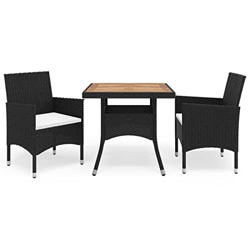 Xichuzi 3-TLG. Garten-Essgruppe Schwarz Poly Rattan und Akazienholz, Esstisch Mit Stühlen Set, Gartenmöbel Sitzgruppe, Balkon Möbel, Gartenlounge Set, Terrassenmöbel, Balkonmöbel Set - 3058312 von Xichuzi