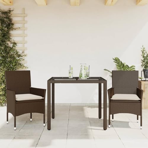 Xichuzi 3-TLG. Garten-Essgruppe mit Kissen Braun Poly Rattan Glas, Esstisch Mit Stühlen Set, Gartenmöbel Sitzgruppe, Balkon Möbel, Gartenlounge Set, Terrassenmöbel, Balkonmöbel Set - 3278549 von Xichuzi
