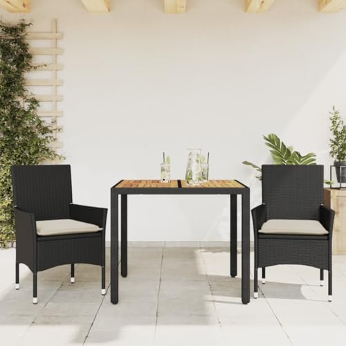Xichuzi 3-TLG. Garten-Essgruppe mit Kissen Schwarz Poly Rattan Akazie, Esstisch Mit Stühlen Set, Gartenmöbel Sitzgruppe, Balkon Möbel, Gartenlounge Set, Terrassenmöbel, Balkonmöbel Set - 3278663 von Xichuzi