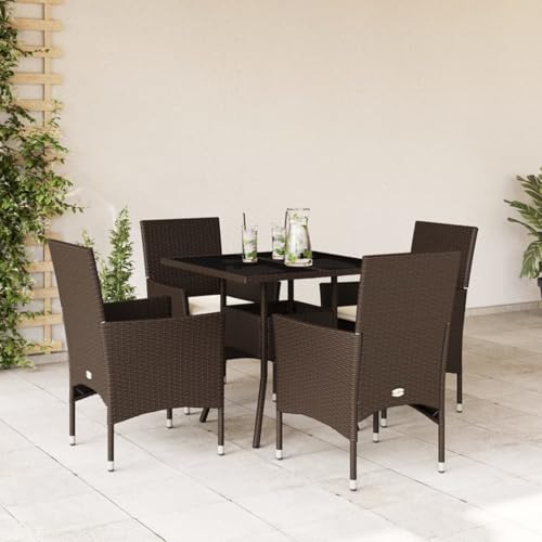 Xichuzi 5-TLG. Garten-Essgruppe mit Kissen Braun Poly Rattan Glas, Esstisch Mit Stühlen Set, Gartenmöbel Sitzgruppe, Balkon Möbel, Gartenlounge Set, Terrassenmöbel, Balkonmöbel Set - 3278604 von Xichuzi