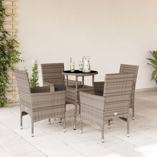 Xichuzi 5-TLG. Garten-Essgruppe mit Kissen Grau Poly Rattan und Glas, Esstisch Mit Stühlen Set, Gartenmöbel Sitzgruppe, Balkon Möbel, Gartenlounge Set, Terrassenmöbel, Balkonmöbel Set - 3278622 von Xichuzi