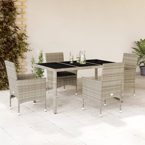 Xichuzi 5-TLG. Garten-Essgruppe mit Kissen Hellgrau Poly Rattan Glas, Esstisch Mit Stühlen Set, Gartenmöbel Sitzgruppe, Balkon Möbel, Gartenlounge Set, Terrassenmöbel, Balkonmöbel Set - 3278575 von Xichuzi