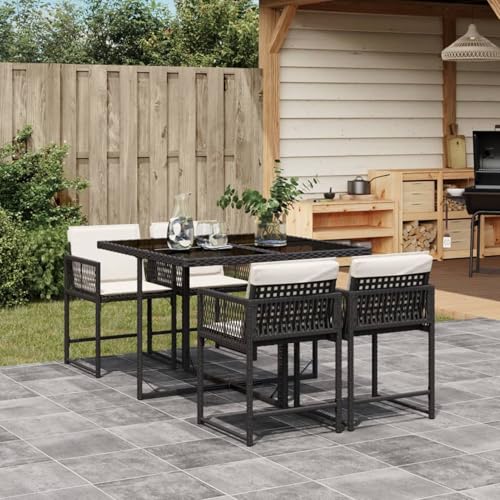 Xichuzi 5-TLG. Garten-Essgruppe mit Kissen Schwarz Poly Rattan, Esstisch Mit Stühlen Set, Gartenmöbel Sitzgruppe, Balkon Möbel, Gartenlounge Set, Terrassenmöbel, Balkonmöbel Set - 3211434 von Xichuzi