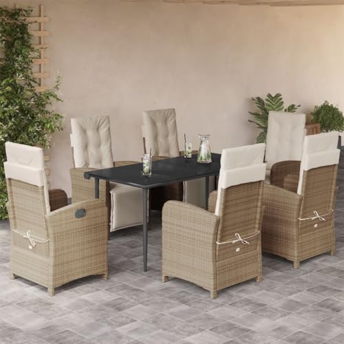Xichuzi 7-TLG. Garten-Essgruppe mit Kissen Beige Poly Rattan, Esstisch Mit Stühlen Set, Gartenmöbel Sitzgruppe, Balkon Möbel, Gartenlounge Set, Terrassenmöbel, Balkonmöbel Set - 3212574 von Xichuzi