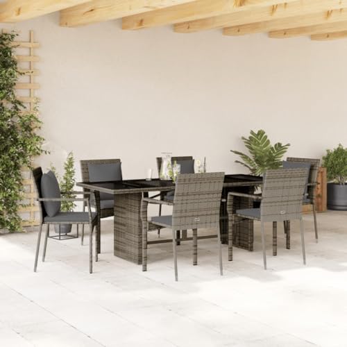 Xichuzi 7-TLG. Garten-Essgruppe mit Kissen Grau Poly Rattan, Esstisch Mit Stühlen Set, Gartenmöbel Sitzgruppe, Balkon Möbel, Gartenlounge Set, Terrassenmöbel, Balkonmöbel Set - 3213492 von Xichuzi
