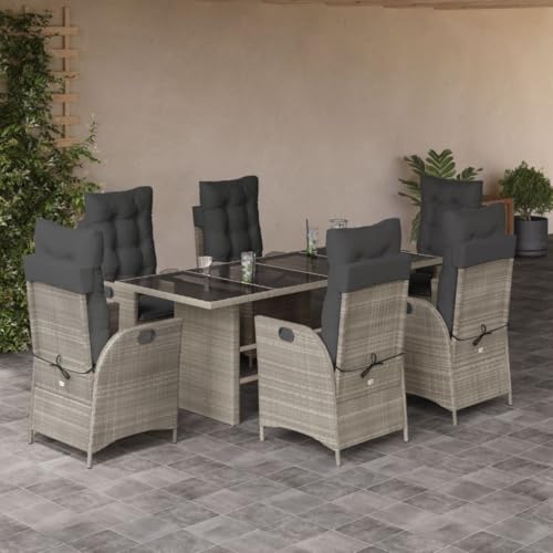 Xichuzi 7-TLG. Garten-Essgruppe mit Kissen Hellgrau Poly Rattan, Esstisch Mit Stühlen Set, Gartenmöbel Sitzgruppe, Balkon Möbel, Gartenlounge Set, Terrassenmöbel, Balkonmöbel Set - 3213130 von Xichuzi