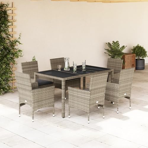 Xichuzi 7-TLG. Garten-Essgruppe mit Kissen Hellgrau Poly Rattan & Glas, Esstisch Mit Stühlen Set, Gartenmöbel Sitzgruppe, Balkon Möbel, Gartenlounge Set, Terrassenmöbel, Balkonmöbel Set - 3278576 von Xichuzi