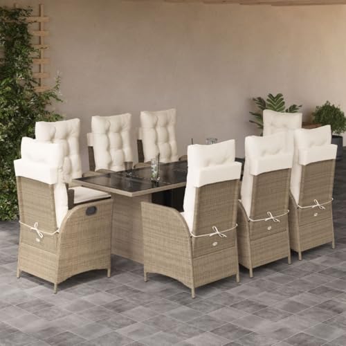 Xichuzi 9-TLG. Garten-Essgruppe mit Kissen Beige Poly Rattan, Esstisch Mit Stühlen Set, Gartenmöbel Sitzgruppe, Balkon Möbel, Gartenlounge Set, Terrassenmöbel, Balkonmöbel Set - 3213125 von Xichuzi