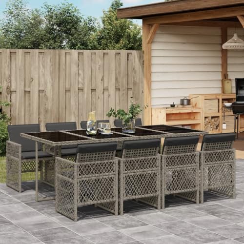 Xichuzi 9-TLG. Garten-Essgruppe mit Kissen Grau Poly Rattan, Esstisch Mit Stühlen Set, Gartenmöbel Sitzgruppe, Balkon Möbel, Gartenlounge Set, Terrassenmöbel, Balkonmöbel Set - 3210740 von Xichuzi