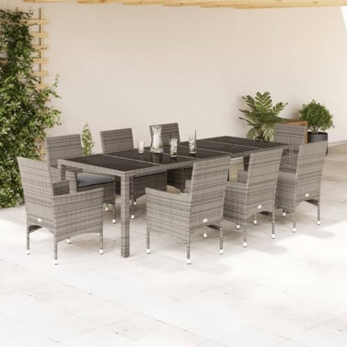 Xichuzi 9-TLG. Garten-Essgruppe mit Kissen Grau Poly Rattan und Glas, Esstisch Mit Stühlen Set, Gartenmöbel Sitzgruppe, Balkon Möbel, Gartenlounge Set, Terrassenmöbel, Balkonmöbel Set - 3278591 von Xichuzi