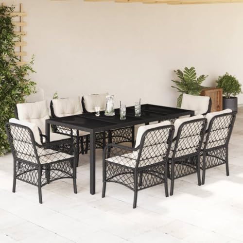 Xichuzi 9-TLG. Garten-Essgruppe mit Kissen Schwarz Poly Rattan, Esstisch Mit Stühlen Set, Gartenmöbel Sitzgruppe, Balkon Möbel, Gartenlounge Set, Terrassenmöbel, Balkonmöbel Set - 3212023 von Xichuzi