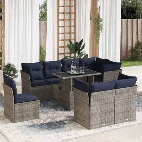 Xichuzi 9-TLG. Garten-Sofagarnitur mit Kissen Grau Poly Rattan Akazie, Balkonmöbel Set, Gartenmöbel Set, Gartenlounge Set, Terassenmöbel, Loungemöbel Terrasse - 3326182 von Xichuzi