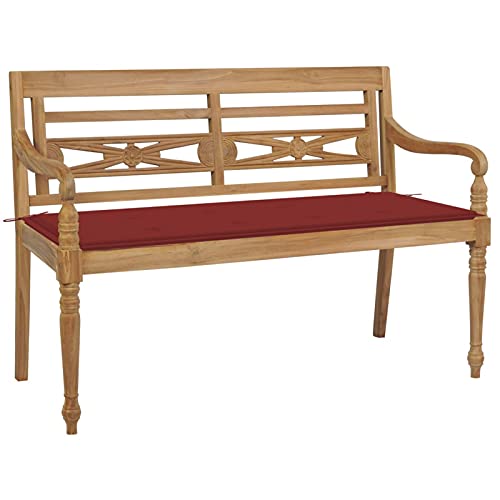 Xichuzi Batavia-Gartenbank mit Rotem Kissen, Gartenbänke, Sitzbank Outdoor, Parkbank, Garten Bank Für Draussen, Outdoor Deko Wetterfest, 120 cm Teak Massivholz von Xichuzi