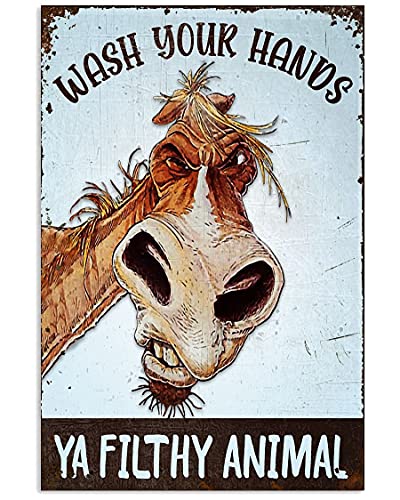 Xiddxu Retro Metall Aluminium Blechschild Lustiges Metall Blechschild Grumpy Horse Wash Your Hands Ya Filthy Vertikales Poster Lustige Home Wanddekoration Retro Bauernhaus Man Cave Bar Schilder von Xiddxu