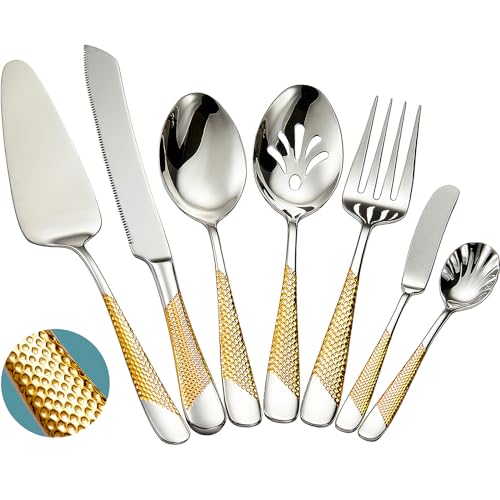 Xideman® 7-teiliges Gehämmertem Servierbesteck aus Edelstahl 18/10 - Goldenes Hostess-Besteckset mit Kuchenmesser und Tortenheber (Silber Gold) von Xideman