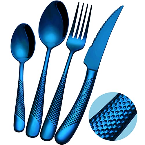 Xideman® Besteck Set 6 Personen modernes gehämmertes, mit ultrascharfem 2-IN-1 gezacktem Messer, Besteckset 18/10 Edelstahl 24 teilig, Messer Gabeln Löffel Set, Spülmaschinenfest (Blau) von Xideman