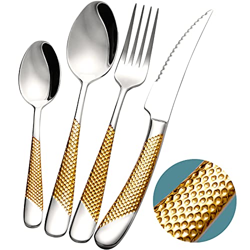 Xideman® Besteck Set 6 Personen Silber Gold gehämmertes, mit ultrascharfem 2-IN-1 gezacktem Messer, Goldenes Besteckset 18/10 Edelstahl 24 teilig, Messer Gabeln Löffel Set, Spülmaschinenfest von Xideman