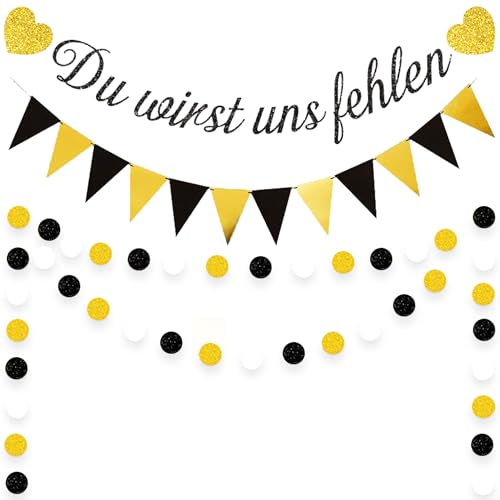 Rente Party Deko Girlande Set – 3 Stück Schwarz Gold Ruhestand Dekoration mit Du wirst Uns fehlen Banner, Glitzer Rentner Abschiedsdeko für Kollegen Abschied und Renteneintritt von Xietaea