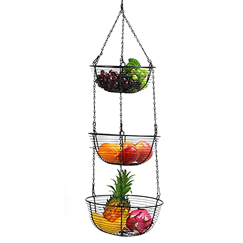 3-Layer Hängender Obstkorb - Aufhängen Küche multifunktionaler Obst Hängekorb mit Haken - Ablagekorb Arbeitsplatte - Detachable Design - für Home Küche Lagerung, Obst und Gemüse Regal (Schwarz) von Xigner