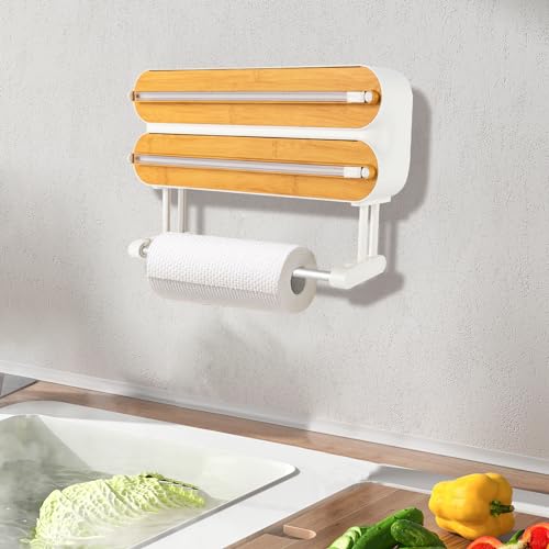3 in 1 Wandrollenhalter Küche – Küchenrollenhalter Schneidabroller für Alufolie und Küchenrolle – Wandmontierbares Küchenregal mit scharfen Klingen für Küche und Restaurant (Bambus Holz Farbe) von Xigner