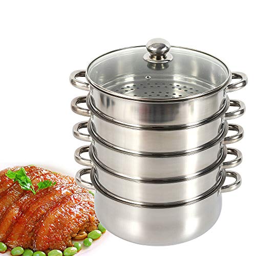 Edelstahl Dampfgarer, 28CM Dumpling Steamer,5 Etagen Dampftopfmit Glasdeckel,für Gedä Mpften Mais, KnöDel, BröTchen, Fisch, Huhn, MeeresfrüChte Und Andere Gerichte Silber von Xigner