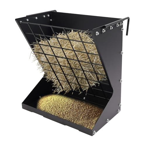 Große Heuraufe Vieh - Hängende Futterraufe aus Stahl (56x33x60 cm) | Heavy-Duty Futterstation mit Futterspargitter und Haken für Ziegen, Schafe & Pferde - 2 in 1 Hay & Grain/Salt Feeder (Schwarz) von Xigner