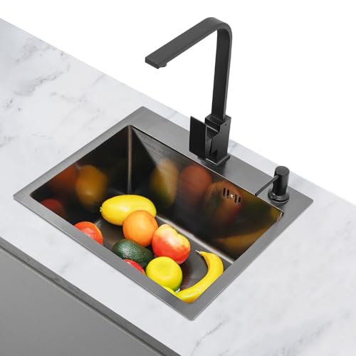 Spüle Küche 40x45cm Küchenspüle Waschbecken, Edelstahl-Einbauspülbecken mit 360° Drehbarer Wasserhahn 2* Schlauch Seifenspender Auslaufsicheres Design,S-Rohr-Systeme,Schwarz Spüle Küche 40x45cm Küchenspüle Waschbecken, Edelstahl-Einbauspülbecken mit 360° Drehbarer Wasserhahn 2* Schlauch Seifenspender Auslaufsicheres Design,S-Rohr-Systeme,Schwarz von Xigner