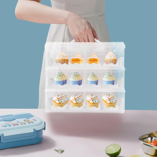 Stapelbare Blechkuchen Transportbox, 3 Tier Kastenkuchen transportbox mit Deckel,Muffin Box geeignet für 36 Muffins/Cupcakes max，Ø5,4-5,8cm, mit 3 Tier stapelbar Schicht einfügen von Xigner