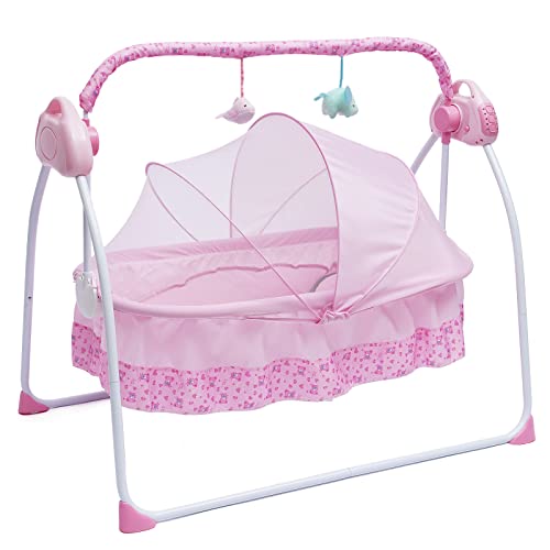 Xigner Elektrische Babywippe Babyschaukel- Schaukel Baby Indoor,5 verstellbare-Musikwiedergabe mit Fernbedienungen and Moskitonetz Bettgröße 90x52x30cm Stabil und geräuschlos (Rosa) von Xigner