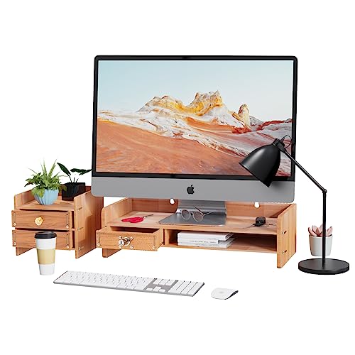 Xigner Monitorständer,Holz Monitor erhöhung schreibtisch,Ergonomischem Laptop-Druckerständer,Schreibtisch-Organizer Mit Schubladen Natur für Laptop,Computer Notebook, iMac 48.5*18.5*13.5CM von Xigner