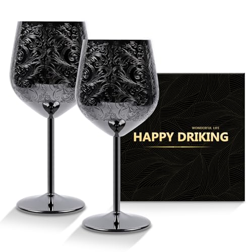 Geätzte Edelstahl-Weingläser, 2er-Set, Halloween, unzerbrechliche Weingläser, schwarz beschichtet, geätzt mit Gravur, Weinkelche, königlicher Stil, Metall-Weinglas (500 ml), einzigartige von Xiholeruf
