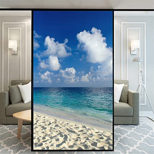 No Glue Decorative Privacy Frosted Window Film Beautiful Beach Pattern Glass Door Window Covering Window Decals Window Sticker 89x180cm(35"" x70.9) von Xijier