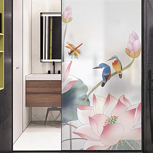 Xijier Dekorative Sichtschutz-Fensterfolie, handbemalt, Lotus-Malerei, Fensterabdeckung, gedeckte Farben, Milchglas-Aufkleber für Zuhause, 88 x 200 cm von Xijier