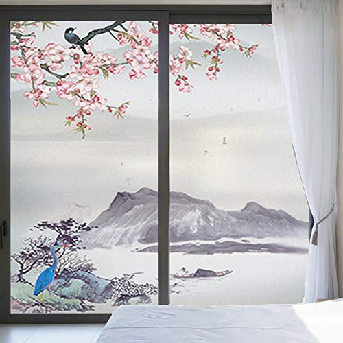 Xijier Sichtschutz-Fensterfolie, kein Kleber, statische Haftung, Fensterfolie, Vogel- und Blumenmalerei, Glas, dekorativer Milchglas-Aufkleber für Büro, 70 x 110 cm von Xijier