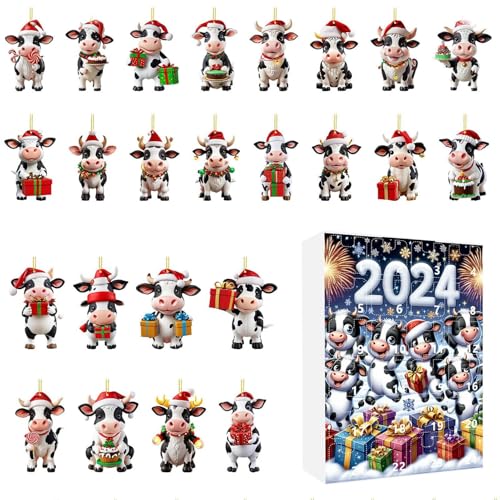Xijobido Kalender Adventsschmuck | 24 Türchen Hängbare Kuh Deko Countdown Kalender,2D Acryl Festtagsanhänger für Lehrer Gemeindemitglieder Familienbindung Klassenraum Jugendliche Schulveranstaltungen von Xijobido