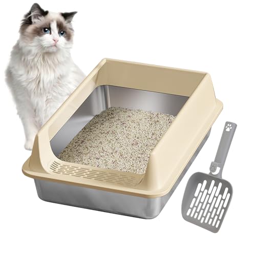 Xijobido Katzenklo | Edelstahl Katzenklo Spritzwassergeschützt Mit Schaufel | Antihaft Katzenzubehör Für Große Mittelkleine Katzen Wohnung Garten Balkon Terrasse von Xijobido