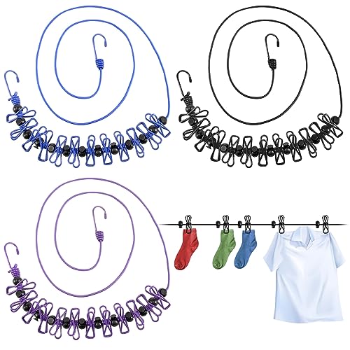 Xikulia 3 Pack Travel Clothesline, Retractable Portable Clothesline with 12 Clothespins, Windproof Retractable Elastic Laundry Clothes Line for Indoor Laundry Drying, Outdoor Camping Accessories von binoa