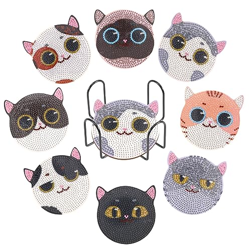 Xikulia 8 Stück Diamantgemälde-Untersetzer, DIY-Getränkeuntersetzer mit Halter für Anfänger, Kinder und Erwachsene, Kunsthandwerksbedarf, lustige Geschenke für Heimwerker und Heimwerker (Katze) von Xikulia