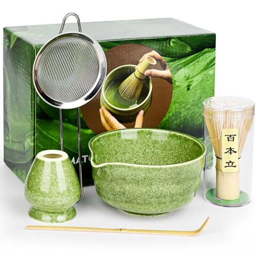 Matcha-Schneebesen-Set, japanisches Matcha-Teeset, enthält Matcha-Schüssel mit Ausgießer, Matcha-Schneebesen, Halter, Schaufel, Sieb, Matcha-Set für die Herstellung von Matcha-Latte, Teezeremonie von Xileanalee