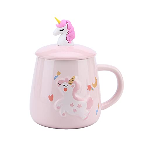 Einhorn Kaffeetassen,Keramik Becher mit Deckel und Löffel für Mädchen,Neuheit Komisch Tiere tasse Büro Reise Teetasse Weihnachtsbecher Geburtstagsgeschenk, Halloween 400ML (Rosa) von XinHuiGY