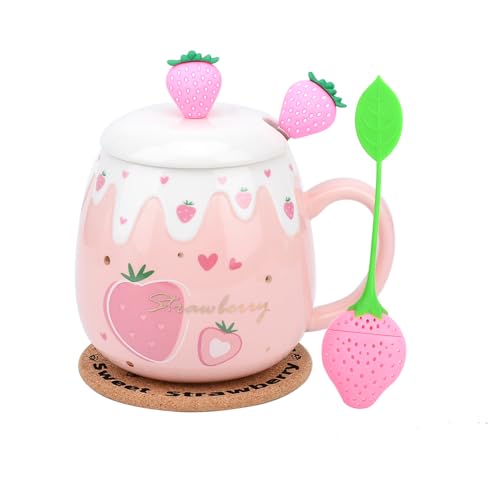 Rosa Tasse, Süße Erdbeertasse Mit Deckel und Löffel, Kaffeetasse aus Keramik, Kawaii-Pokal für Teemilch, Frau Mädchen Student koreanische Art 450ml Weihnachten Geburtstagsgeschenk (Große Erdbeere) von XinHuiGY