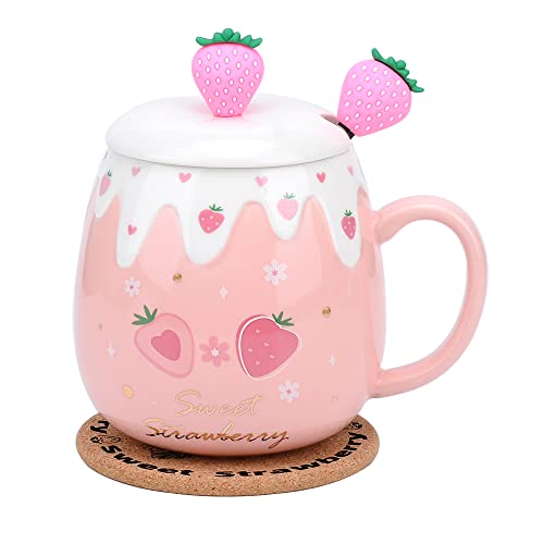 Rosa Tasse, Süße Erdbeertasse Mit Deckel und Löffel, Kaffeetasse aus Keramik, Kawaii-Pokal für Teemilch, Frau Mädchen Student koreanische Art 450ml Weihnachten Geburtstagsgeschenk (Kleine Erdbeere) von XinHuiGY