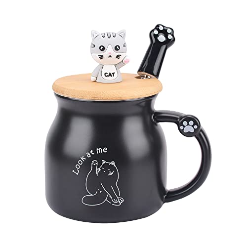 XinHuiGY Keramik Katze Becher mit Deckel und Löffel,Kawaii Teetassen, Lustige Tierbecher,Kaffeetasse für Frauen,Neuheitstasse Weihnachts und Geburtstagsgeschenk für Frauen und Mädchen (Schwarz) von XinHuiGY