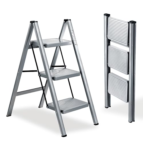 XinSunho Leiter 3 Stufen, Trittleiter Klappbar, Leichte Klappleiter mit Breitem Anti-Rutsch Stufen, Tritthocker 3 Stufen Belastbar bis 150 kg, Tragbare Stehleiter Für Haushalt, Silbergrau von XinSunho