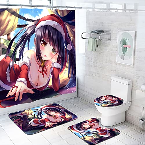 4 Stück Anime Date a Live Badezimmer Set mit rutschfesten Teppichen Toilettendeckel Abdeckung und Badematte Wasserdicht Badevorhang für Badezimmer Dekor Zubehör von Xinchangda