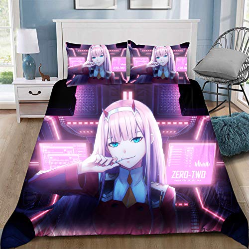 Xinchangda Bettwäsche-Set Darling In The FranXX, 3-teilig, Zero Two, Decke, Anime, Einzelbett/Doppelbett/Kingsize, Set mit Kissenbezug und Bettbezug, Bettwäsche, mit 1 Bettbezug, 2 Kissenbezügen von Xinchangda